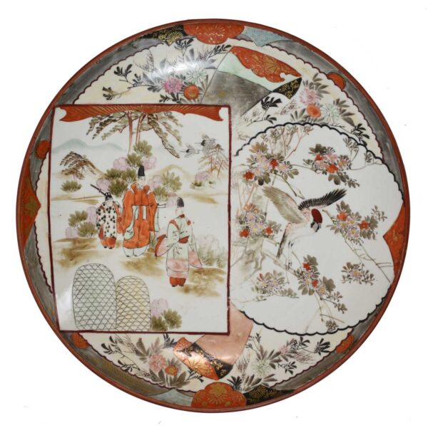 Large Kutani plate with monks and landing bird - Image 2