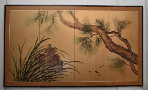 Japanese signed four-panel screen 'Misty pond with birds and fish'