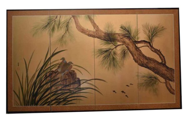 Japanese signed four-panel screen 'Misty pond with birds and fish' - Image 2