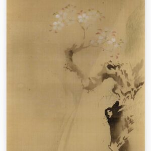 Hanging scroll painting on silk 'Branch of a cherry tree on fountain background'