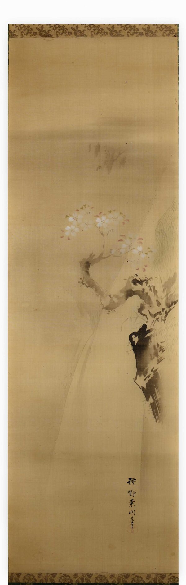 Hanging scroll painting on silk 'Branch of a cherry tree on fountain background'