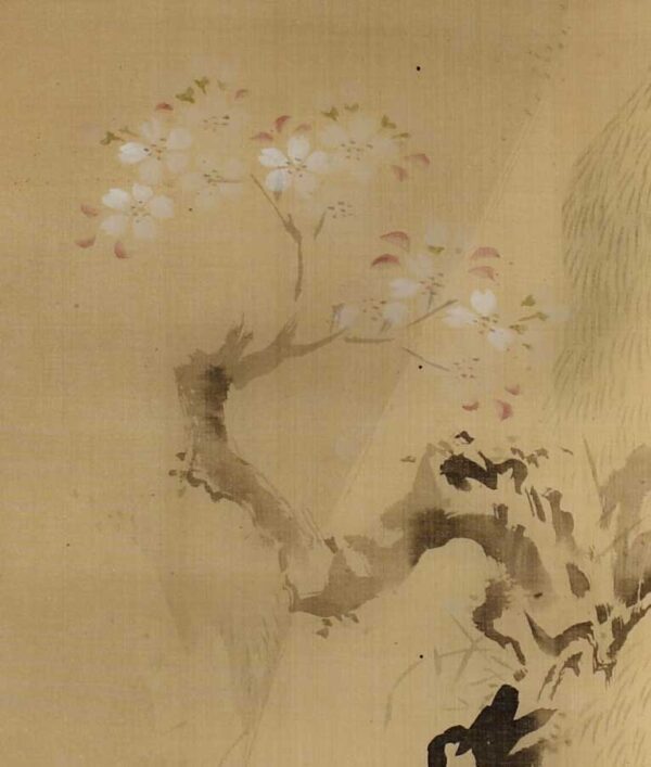Hanging scroll painting on silk 'Branch of a cherry tree on fountain background' - Image 2