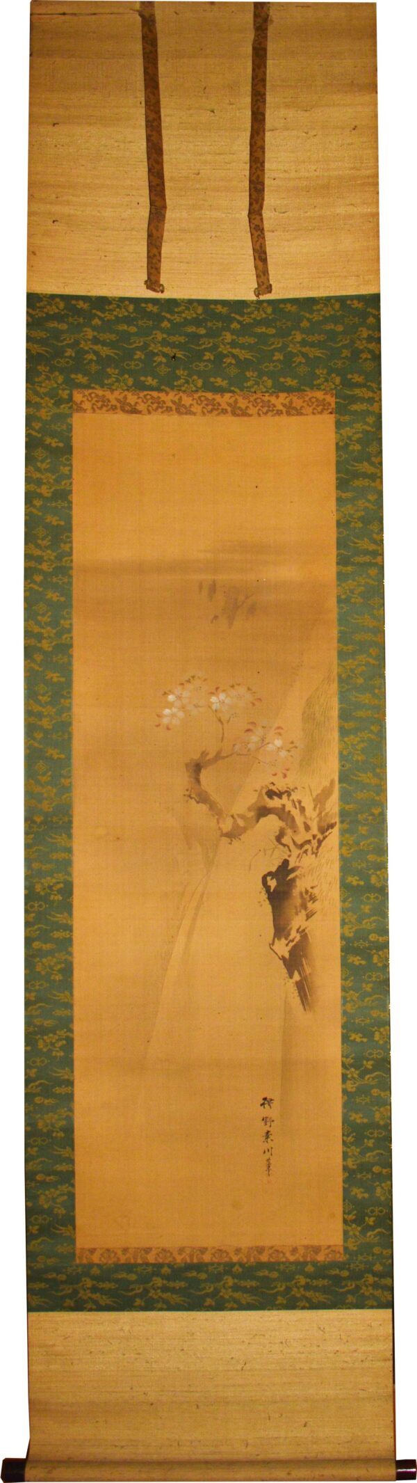Hanging scroll painting on silk 'Branch of a cherry tree on fountain background' - Image 3