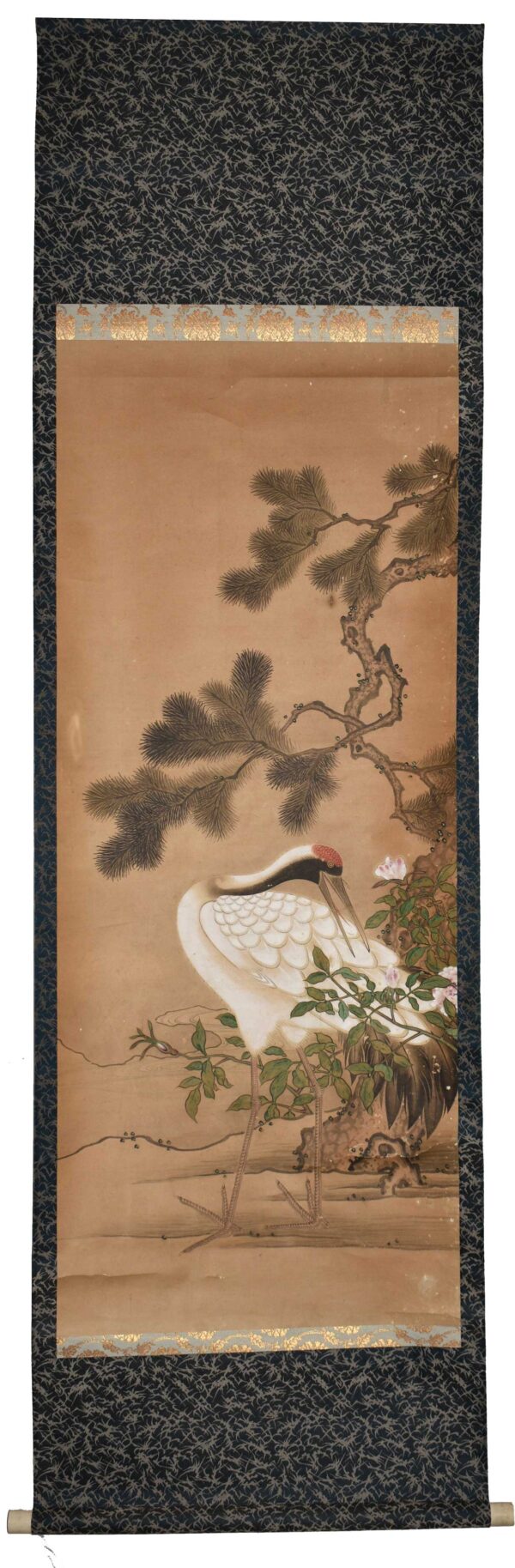 Hanging scroll painting on paper. Crane under pine tree. - Image 2