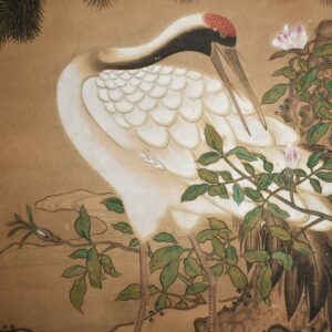 Hanging scroll painting on paper. Crane under pine tree.