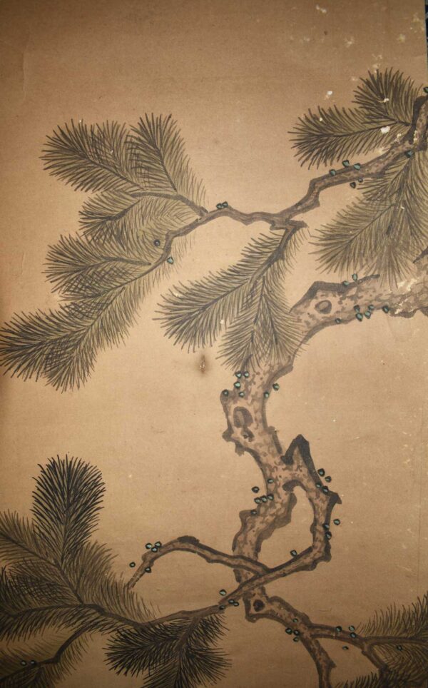 Hanging scroll painting on paper. Crane under pine tree. - Image 6